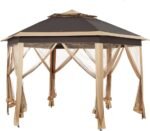 13x13 Pop up Gazebo, Hexagonal Outdoor Canopy Shelter, Instant Patio Gazebo Sun Shade Canopy Tent with Double Tiers & Mesh Netting for Lawn, Garden, Backyard & Deck, Khaki/Brown