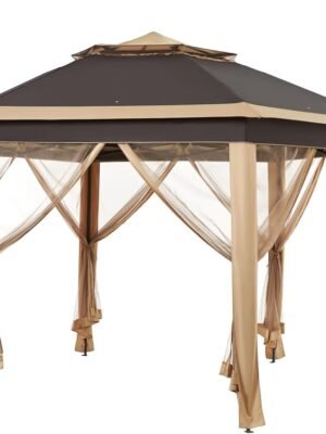 13x13 Pop up Gazebo, Hexagonal Outdoor Canopy Shelter, Instant Patio Gazebo Sun Shade Canopy Tent with Double Tiers & Mesh Netting for Lawn, Garden, Backyard & Deck, Khaki/Brown