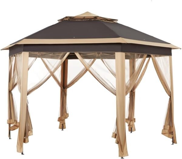13x13 Pop up Gazebo, Hexagonal Outdoor Canopy Shelter, Instant Patio Gazebo Sun Shade Canopy Tent with Double Tiers & Mesh Netting for Lawn, Garden, Backyard & Deck, Khaki/Brown