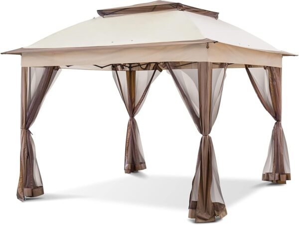 11x11 Pop Up Instant Gazebo Tent with Mosquito Netting Outdoor Canopy Shelter with 121 Square Feet of Shade (Beige)