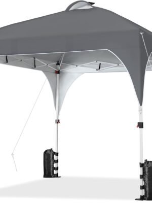 10x10 Pop-Up Canopy Tent with 17 Solar LED Lights & Top Vent, Portable Outdoor Canopy Easy Setup Sun Shade Canopy Adjustable Tent with Wheeled Bag, 12 Stakes, 4 Sandbags & 4 Ropes, Dark Gray