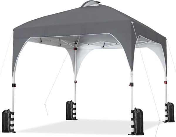 10x10 Pop-Up Canopy Tent with 17 Solar LED Lights & Top Vent, Portable Outdoor Canopy Easy Setup Sun Shade Canopy Adjustable Tent with Wheeled Bag, 12 Stakes, 4 Sandbags & 4 Ropes, Dark Gray