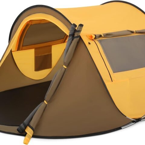 Pop Up Tent 2 Person for Camping Waterproof Outdoor Easy Set Up Automatic Family Travel Tent, 2 Doors and Side Windows Instant Easy Popup Beach Tent with Carry Bag, Yellow