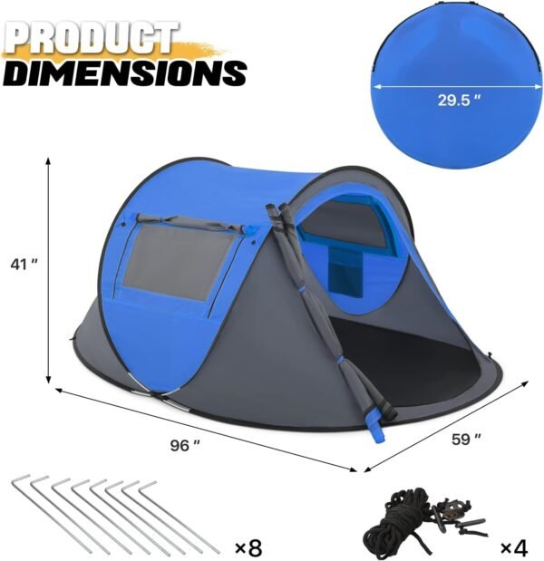 Pop Up Tent 2 Person for Camping Waterproof Outdoor Easy Set Up Automatic Family Travel Tent, 2 Doors and Side Windows Instant Easy Popup Beach Tent with Carry Bag, Yellow