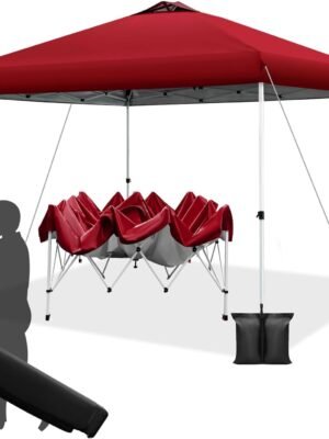 10x10 pop up Canopy Tent, One-Button Push Setup, Adjustable Height pop up Gazebo, Instant Portable Shelter, 4 Weight Bags, Sun Shade for Events & Camping, Silver Coated Top,Red