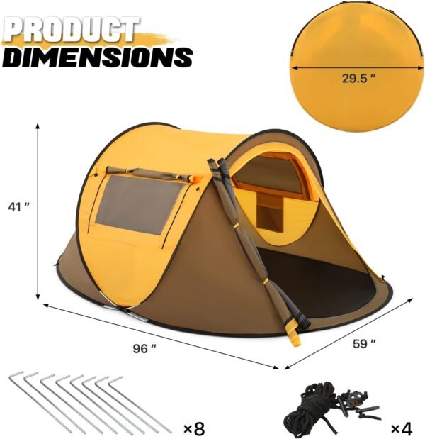 Pop Up Tent 2 Person for Camping Waterproof Outdoor Easy Set Up Automatic Family Travel Tent, 2 Doors and Side Windows Instant Easy Popup Beach Tent with Carry Bag, Yellow