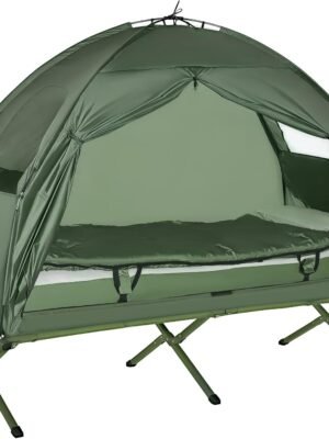 Camping Tent Cot, 4-in-1 Folding Tent Cot Combo with Mattress, Pillow, Sleeping Bag, Roller Carrying Bag, Off Ground Travel Camp Cot for Hiking, Backpacking, Picnic