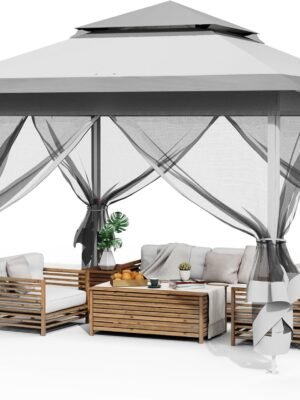 Pop Up Gazebo Tent, Outdoor Instant Canopy, Easy Set-up Folding Shelter with Netting, Metal Frame, Screened House Shade Vented for Patio, Lawn, Party, Backyard, Garden (Grey, 11FT×11FT)