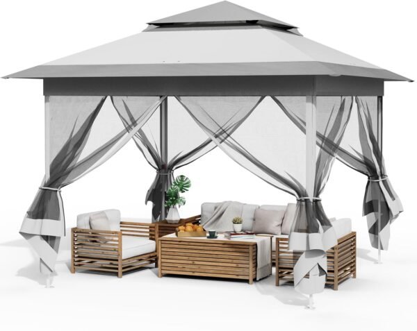 Pop Up Gazebo Tent, Outdoor Instant Canopy, Easy Set-up Folding Shelter with Netting, Metal Frame, Screened House Shade Vented for Patio, Lawn, Party, Backyard, Garden (Grey, 11FT×11FT)