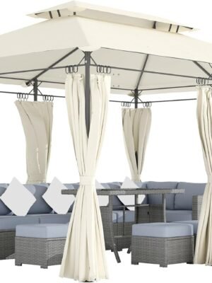 10' x 13' Patio Gazebo, Double Roof Outdoor Gazebo Canopy Shelter with Curtains, Solid Metal Frame for Garden, Lawn, Backyard and Deck, Cream White
