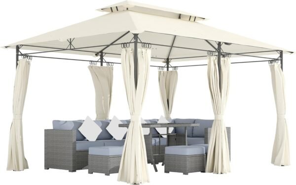 10' x 13' Patio Gazebo, Double Roof Outdoor Gazebo Canopy Shelter with Curtains, Solid Metal Frame for Garden, Lawn, Backyard and Deck, Cream White