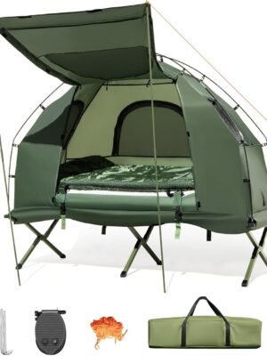 5-in-1 Tent Cot with Air Mattress, Sleeping Bag, Pillow, Canopy, Zippered Mesh Windows & Carry Bag, Elevated Tent for Camping, Hiking, Traveling, Picnic