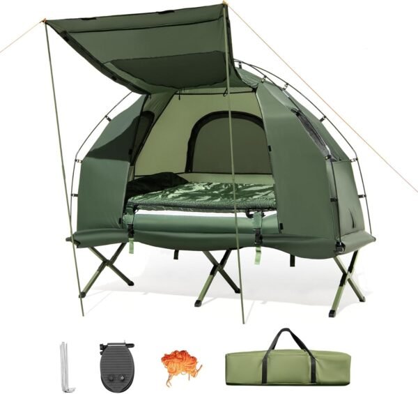 5-in-1 Tent Cot with Air Mattress, Sleeping Bag, Pillow, Canopy, Zippered Mesh Windows & Carry Bag, Elevated Tent for Camping, Hiking, Traveling, Picnic