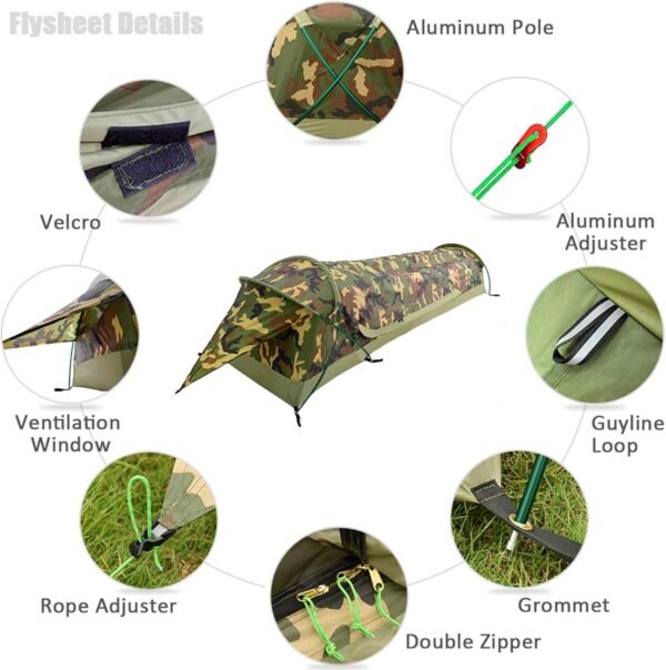 Ultralight Single Person Bivy Tent for Camp Waterproof 1 Man Tent for Camping Hiking Backpacking Hunting Outdoor Survival Gear - Easy Set Up