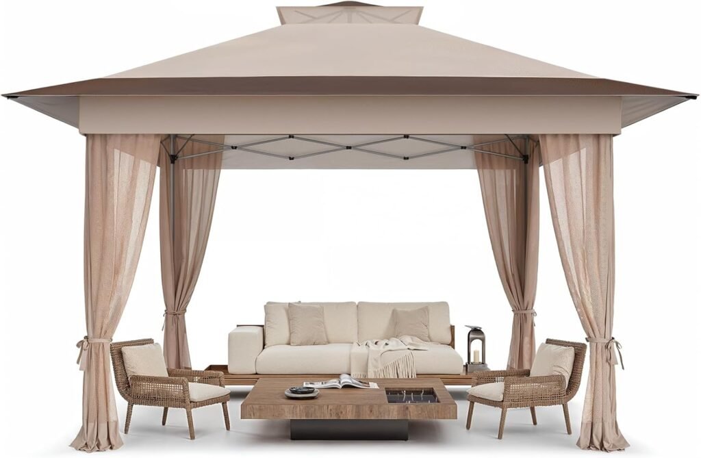 13x13 Pop Up Gazebo, Outdoor Canopy Tent, Instant Screened Shelter with Mosquito Netting for Patio, Garden, Backyard, Party, Camping 3 Height Postions，Beige & Brown