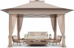 13x13 Pop Up Gazebo, Outdoor Canopy Tent, Instant Screened Shelter with Mosquito Netting for Patio, Garden, Backyard, Party, Camping 3 Height Postions,Beige & Brown
