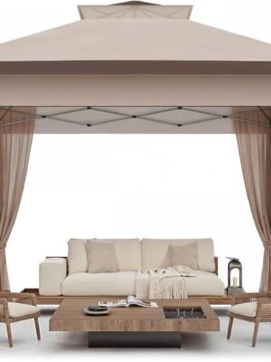 13x13 Pop Up Gazebo, Outdoor Canopy Tent, Instant Screened Shelter with Mosquito Netting for Patio, Garden, Backyard, Party, Camping 3 Height Postions,Beige & Brown