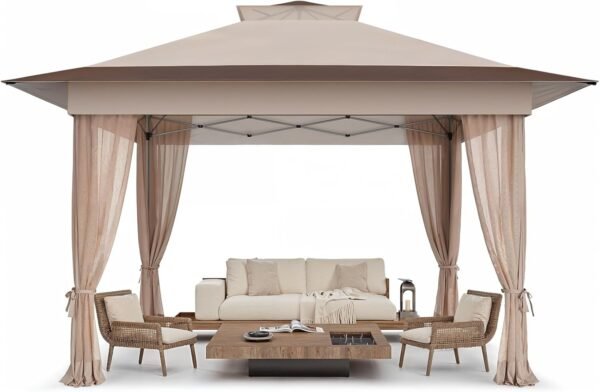 13x13 Pop Up Gazebo, Outdoor Canopy Tent, Instant Screened Shelter with Mosquito Netting for Patio, Garden, Backyard, Party, Camping 3 Height Postions,Beige & Brown