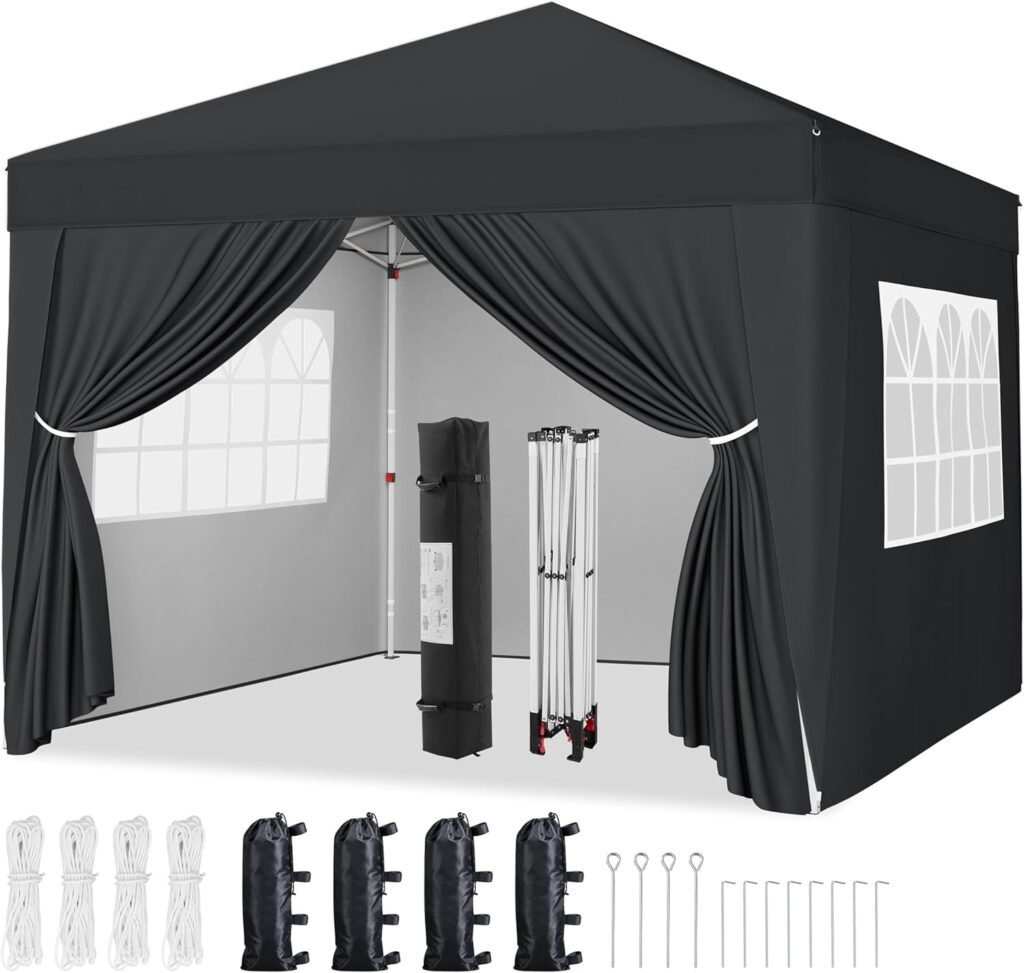 12x12 Pop Up Canopy with 4 Removable Sidewalls, Portable Enclosed Instant Tent, Waterproof Outdoor Tent, Beach Sun Shelter with 4 Sandbags, 12 Stakes & 4 Ropes, Black
