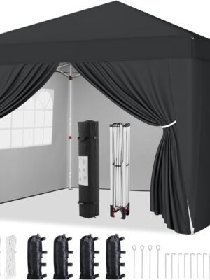 12x12 Pop Up Canopy with 4 Removable Sidewalls, Portable Enclosed Instant Tent, Waterproof Outdoor Tent, Beach Sun Shelter with 4 Sandbags, 12 Stakes & 4 Ropes, Black