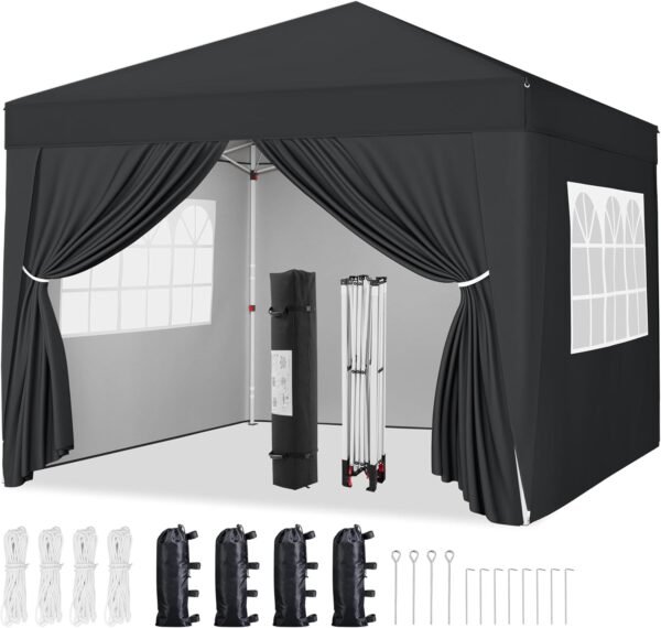 12x12 Pop Up Canopy with 4 Removable Sidewalls, Portable Enclosed Instant Tent, Waterproof Outdoor Tent, Beach Sun Shelter with 4 Sandbags, 12 Stakes & 4 Ropes, Black
