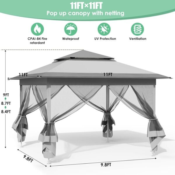 Pop Up Gazebo Tent, Outdoor Instant Canopy, Easy Set-up Folding Shelter with Netting, Metal Frame, Screened House Shade Vented for Patio, Lawn, Party, Backyard, Garden (Grey, 11FT×11FT)