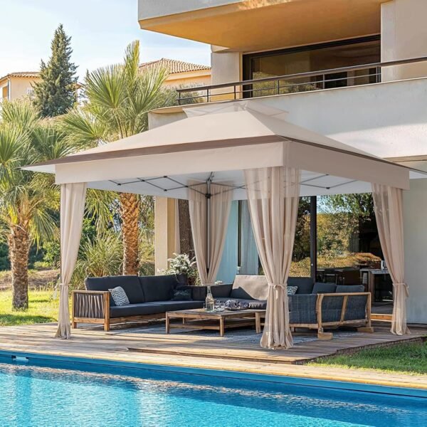 13x13 Pop Up Gazebo, Outdoor Canopy Tent, Instant Screened Shelter with Mosquito Netting for Patio, Garden, Backyard, Party, Camping 3 Height Postions,Beige & Brown