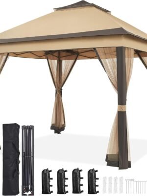 11x11 Pop Up Gazebo Outdoor Canopy Shelter, Instant Patio Gazebo Sun Shade Canopy Tent with 4 Sandbags, Double Tiers & Mesh Netting for Lawn, Garden, Backyard & Deck, Khaki