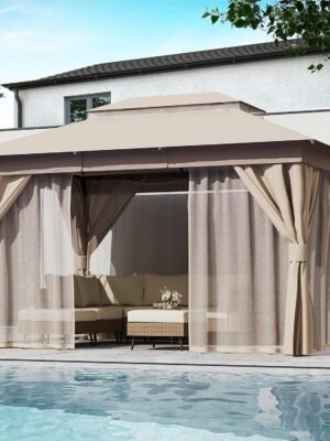 Outdoor Patio Gazebo 10'x13' with Expansion Bolts, Heavy Duty Gazebos Party Tent Shelter with Double Roofs, Mosquito Nets and Privacy Screens for Backyard, Garden, Lawn, Khaki