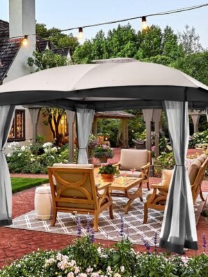 10x12 Gazebo, Double Vent Canopy Gazebo for Outdoor with Privacy Netting, Easy Setup Patio Pavilion with Steel Frame Strong Legs for Lawn, Backyard, Deck (Ash Grey)