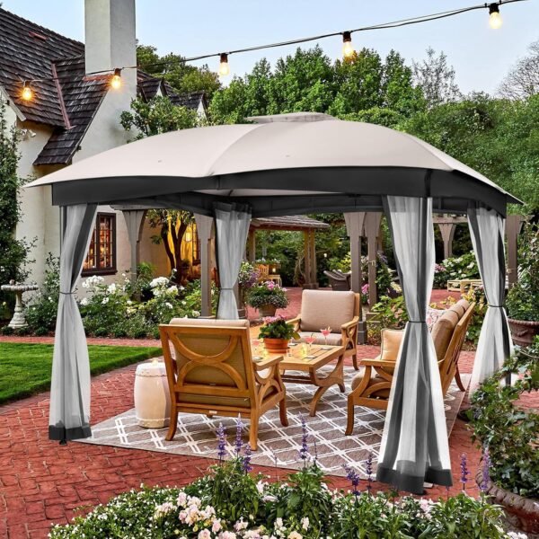 10x12 Gazebo, Double Vent Canopy Gazebo for Outdoor with Privacy Netting, Easy Setup Patio Pavilion with Steel Frame Strong Legs for Lawn, Backyard, Deck (Ash Grey)