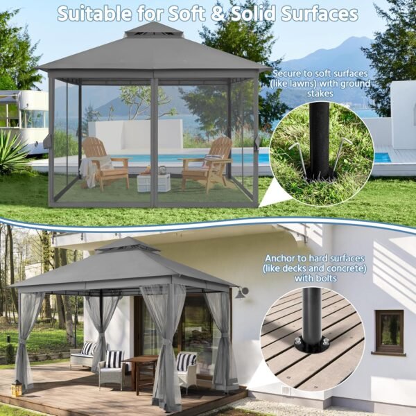 Patio Gazebo - 11x11 ft Outdoor Shelter Tent with Vented Top & Mesh Sidewalls & Drainage Holes, Water-Resistant for Garden/Backyard/Deck/Lawn (Dark Gray)