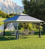 13 X 13FT Pop Up Gazebo, Canopy Tent, Gazebos on Clearance,Patio Folding Canopy with Mosquito Netting - Backyard Tent for Party, Wedding, Outdoor Dining, Patio, Backyard(Navy Blue+Hemp Grey)