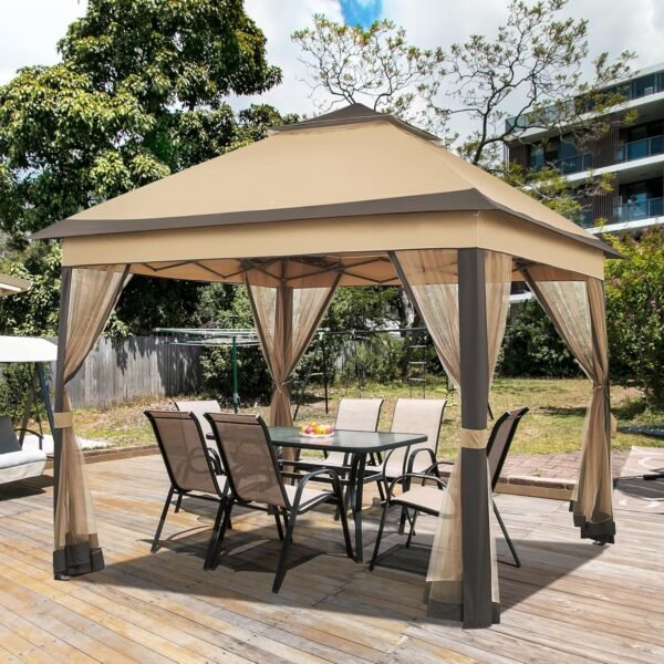 11x11 Pop Up Gazebo Outdoor Canopy Shelter, Instant Patio Gazebo Sun Shade Canopy Tent with 4 Sandbags, Double Tiers & Mesh Netting for Lawn, Garden, Backyard & Deck, Khaki